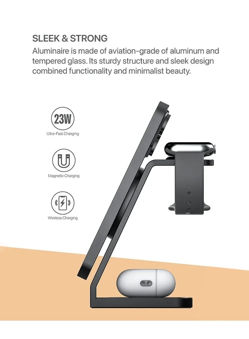 MICRODIA 【MICRODIA 】 SNAPStation Aluminaire 23W 3-in-1 Magnetic Wireless Charging Station - Fast MagSafe Dock for iPhone 15/14/13/12, Watch & AirPods - Image 4